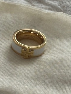 Tory Burch Kira White & Gold Enamel Ring