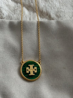 Tory Burch Kira Green Malachite Logo Necklace – 18K Gold Plated