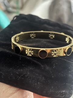 Tory Burch Logo Stud and Black Circle Hinge Gold Bangle Bracelet 6.5"