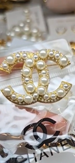 Chanel CC Logo Pearl Brooch Silver Tone