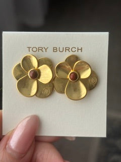 Tory Burch Gold Flower Stud Earrings with Red Stone and Logo