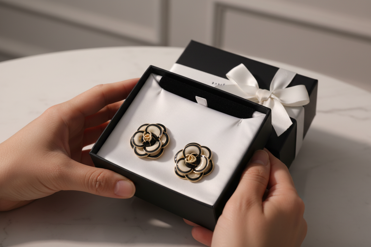 Chanel Enamel Camellia CC Logo Earrings in luxury Chanel gift box