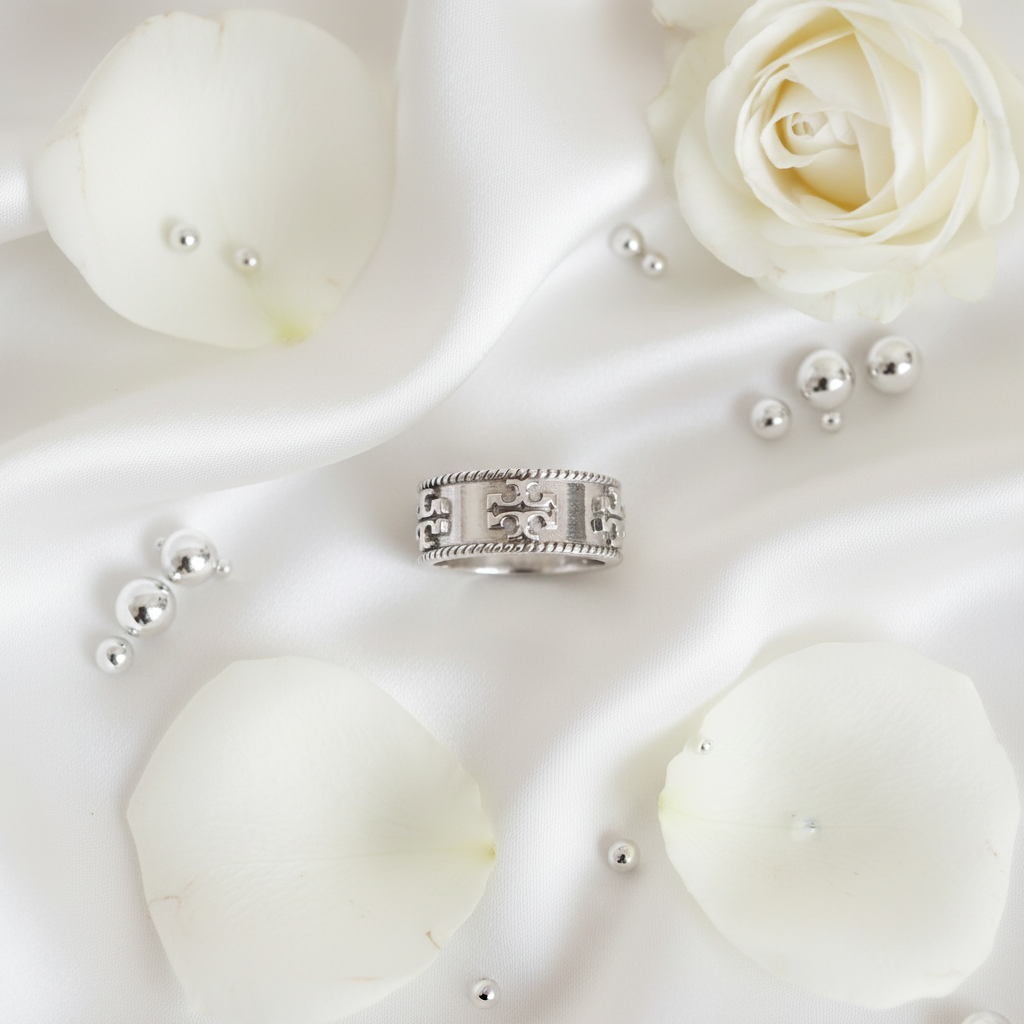 Tory Burch Milgrain Logo Ring - white silk flat lay