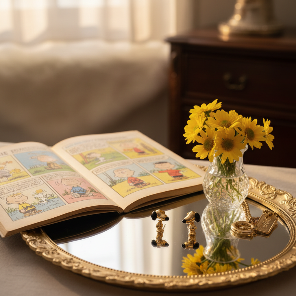 Coach x Peanuts Snoopy Gold Stud Earrings vanity tray with Peanuts comic and daisies