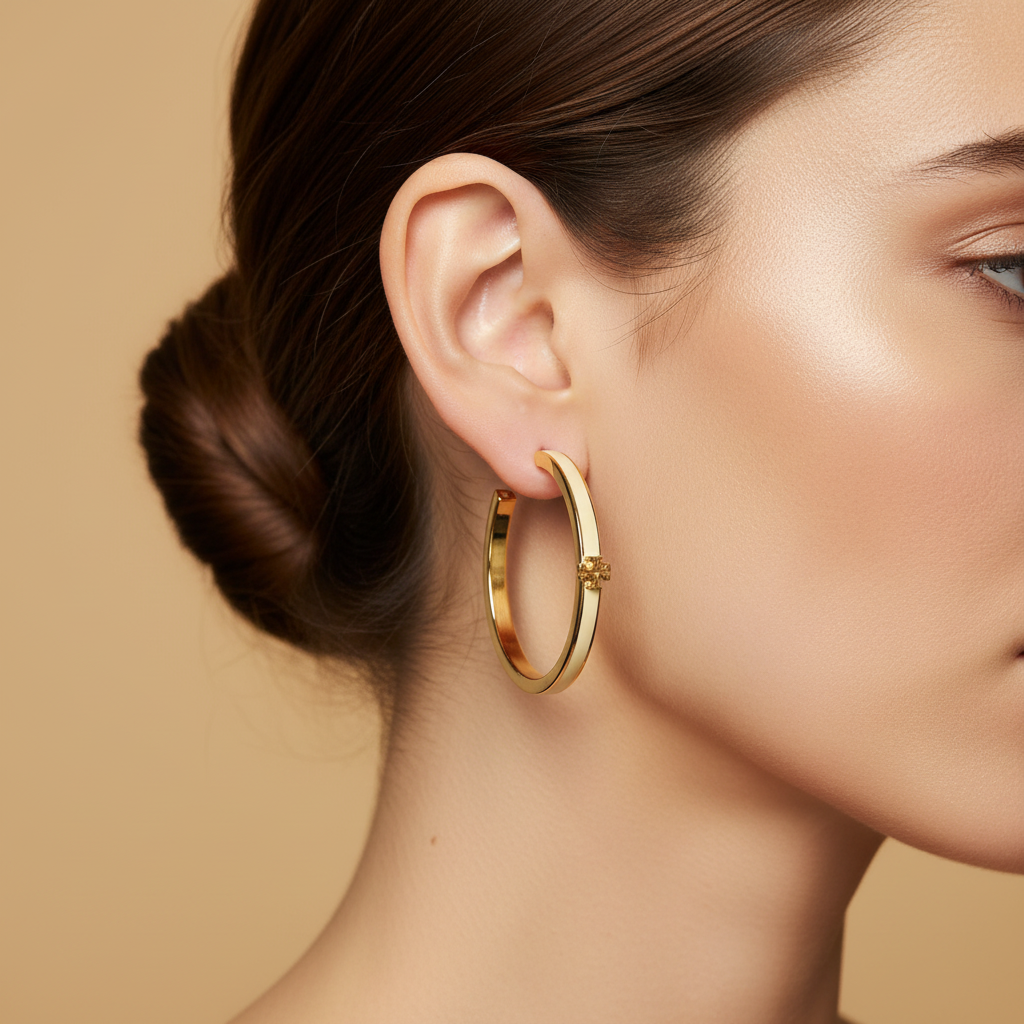 Tory Burch Kira white enamel hoop earrings ear close-up