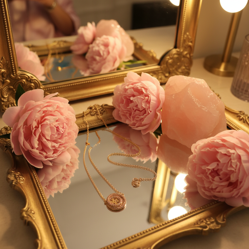 Tory Burch Miller Pink Pave Pendant Necklace vanity tray with rose quartz and peonies