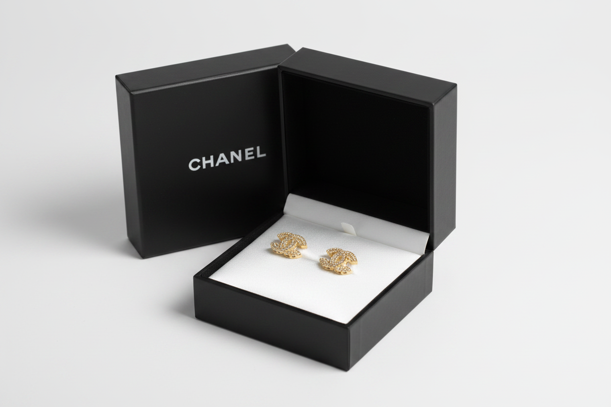 Chanel CC Logo Gold Crystal Stud Earrings in luxury Chanel gift box