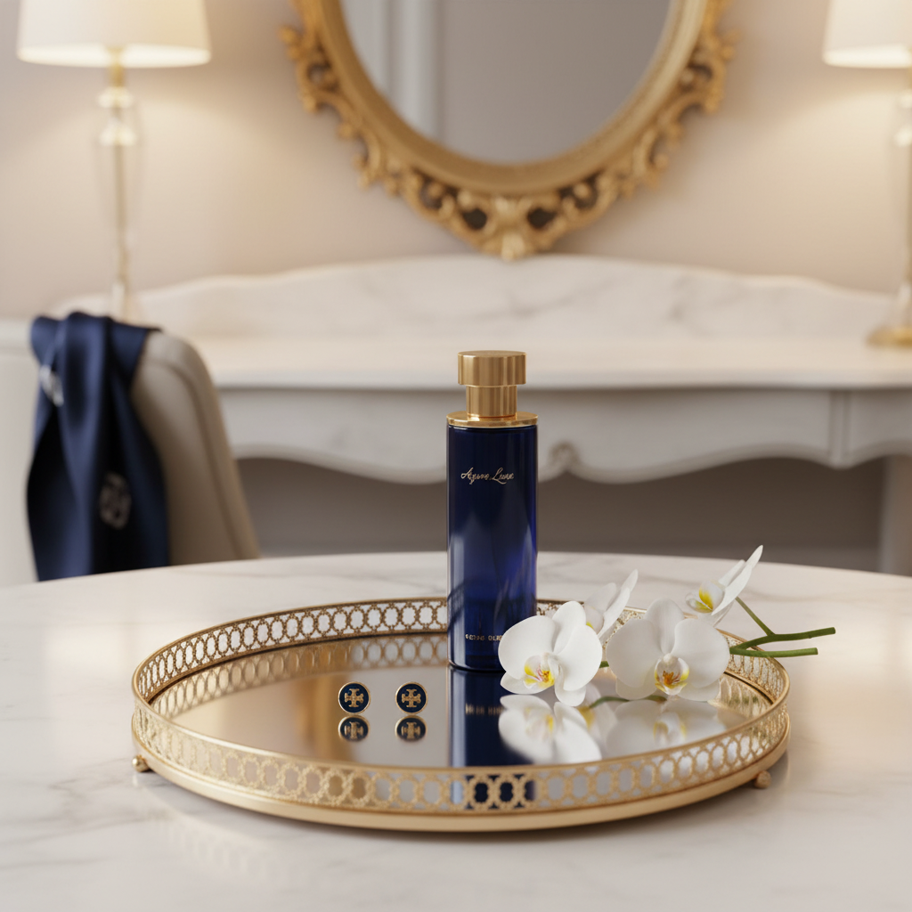 Tory Burch Kira Navy Enamel Stud Earrings vanity tray with orchids