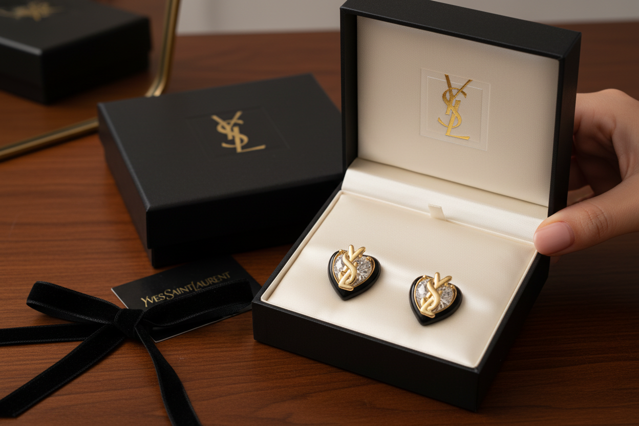 Yves Saint Laurent Logo Crystal Heart Earrings in luxury gift box