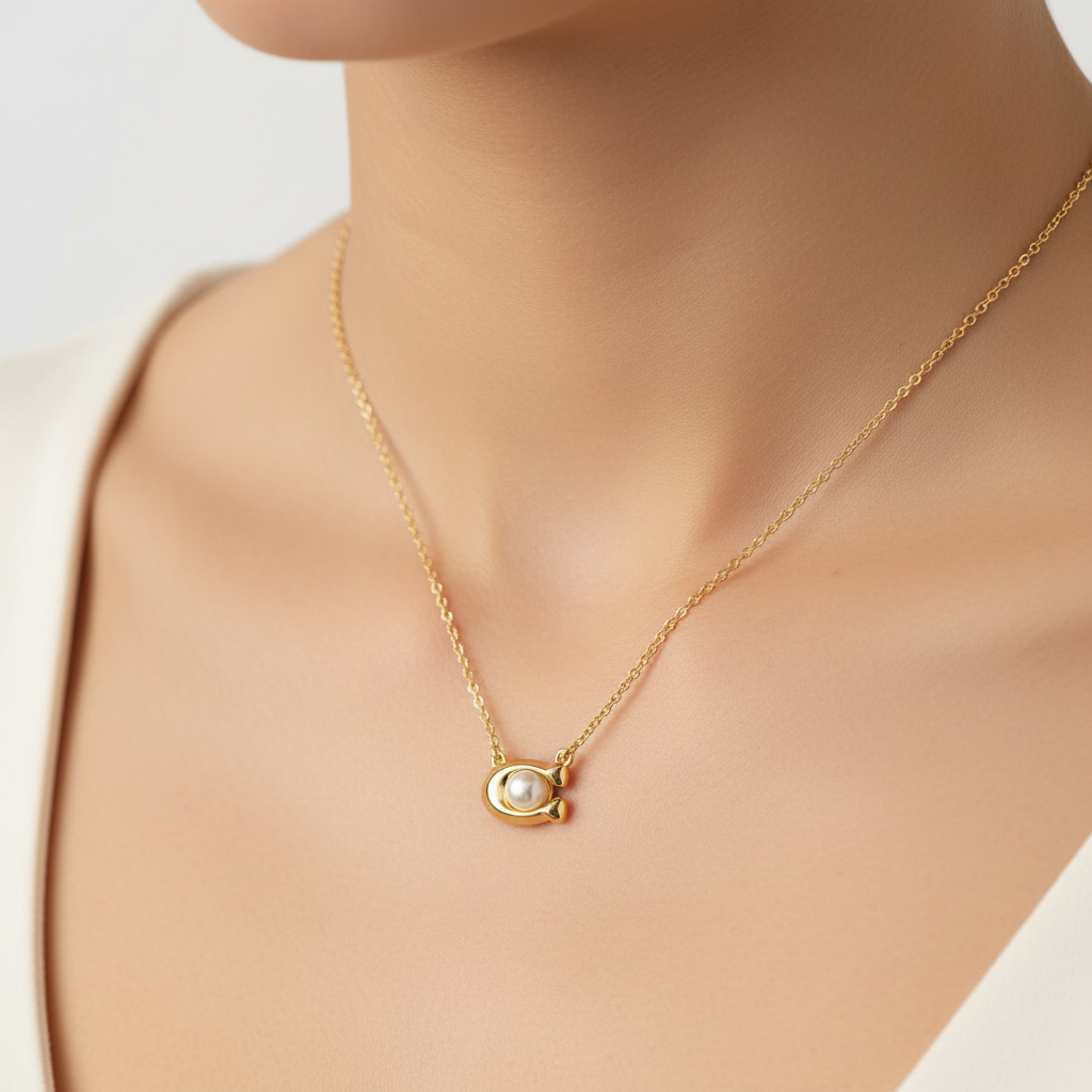 Coach C Signature pearl necklace collarbone close-up