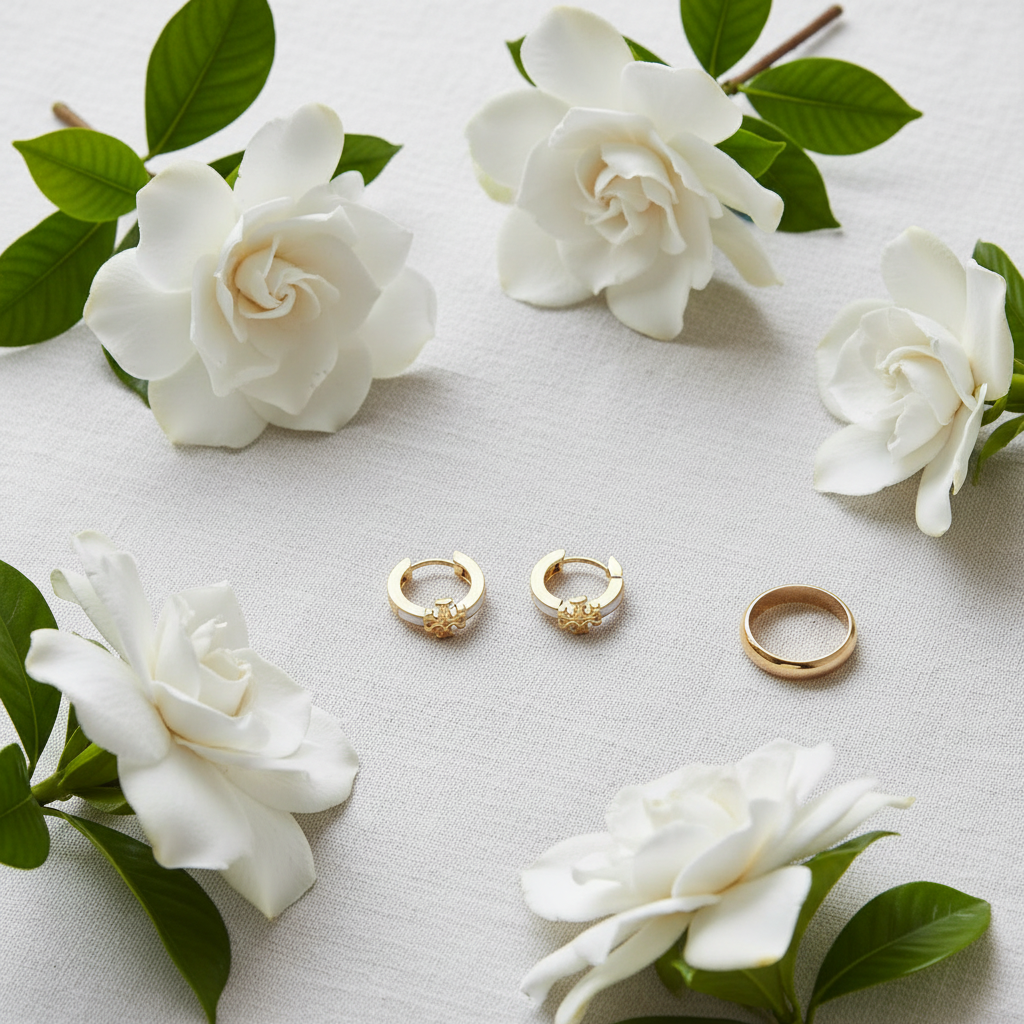 Tory Burch Icon White Enamel and Gold Huggie Earrings - white linen flat lay with gardenias