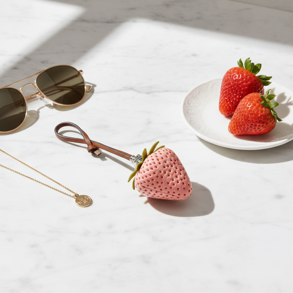 Tory Burch Strawberry Bag Charm - Marble Flat Lay