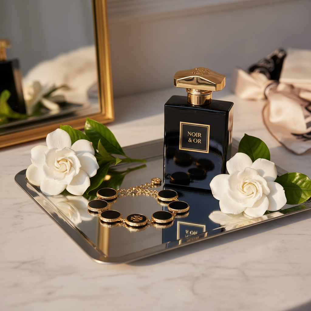 Tory Burch Black Enamel Circle Bracelet vanity tray with black and gold perfume and gardenias