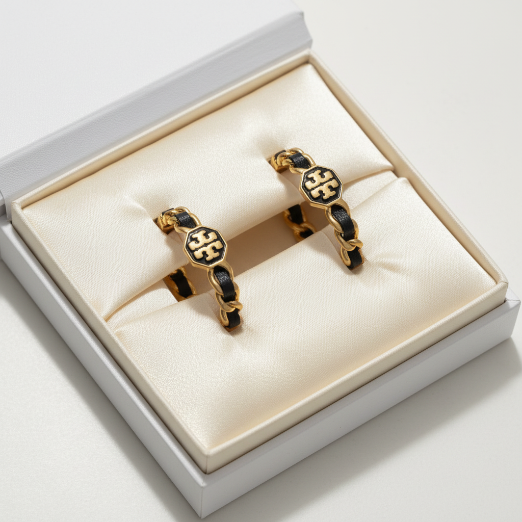 Tory Burch Marion woven hoop earrings in luxury white gift box