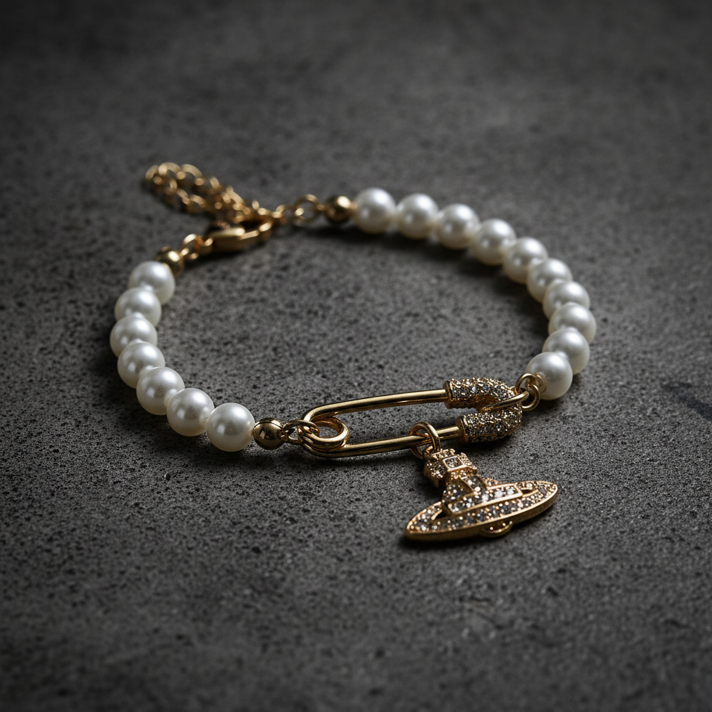 Vivienne Westwood Lucrece Gold Pearl Bracelet - dark concrete lifestyle