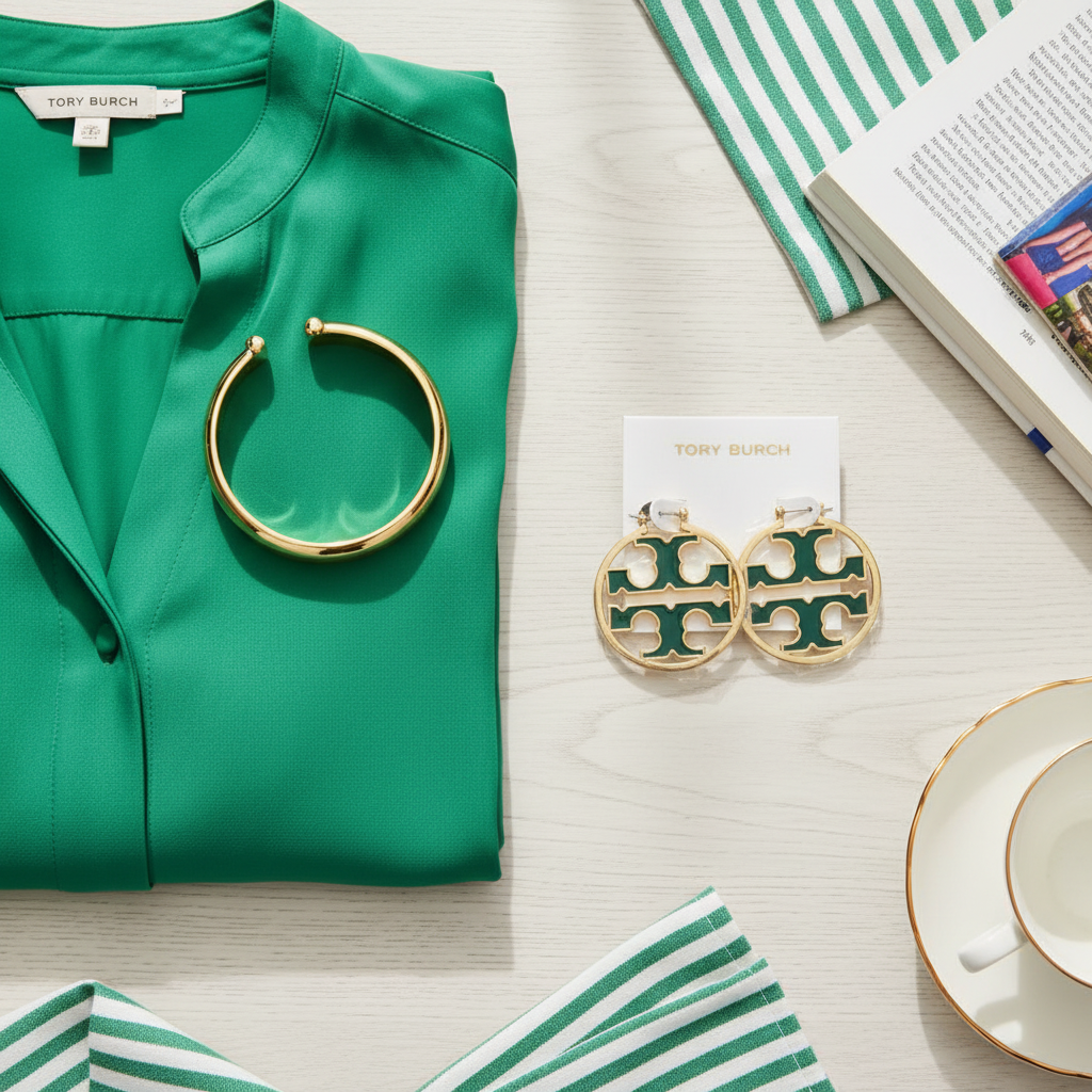 Tory Burch Miller Hoop Earrings - Outfit flat lay with green silk