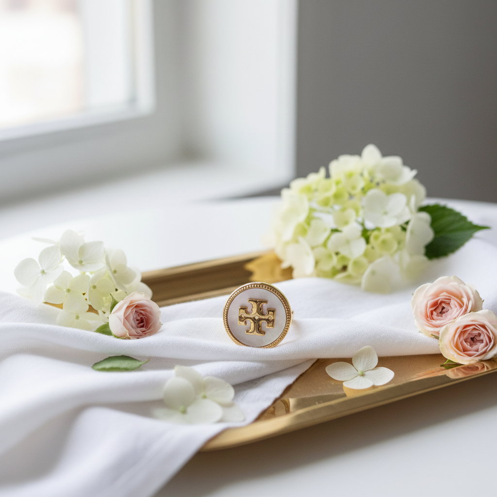 Tory Burch Mother of Pearl Logo Ring – vanity tray styling