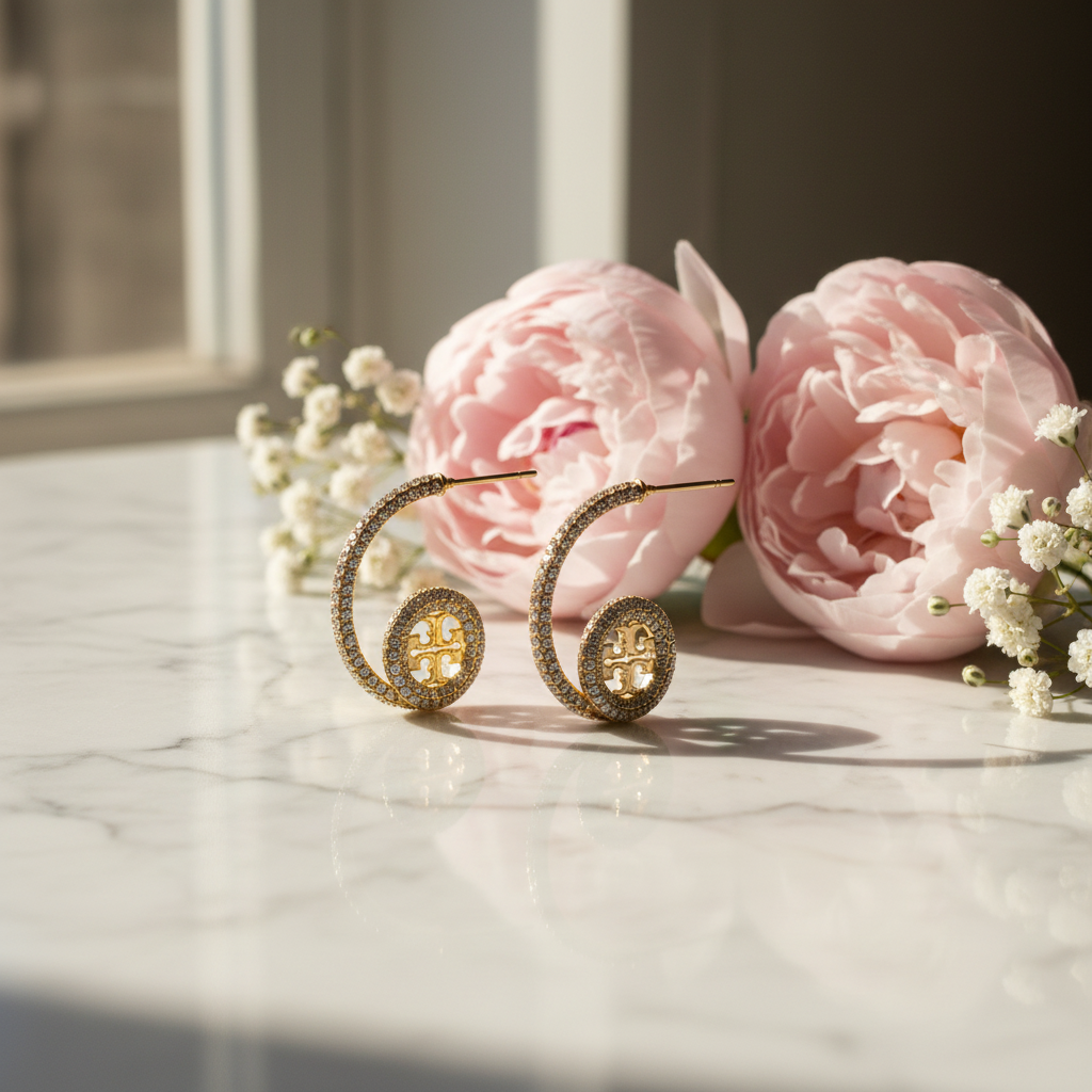 Tory Burch Icon Pavé Logo Earrings - marble flat lay