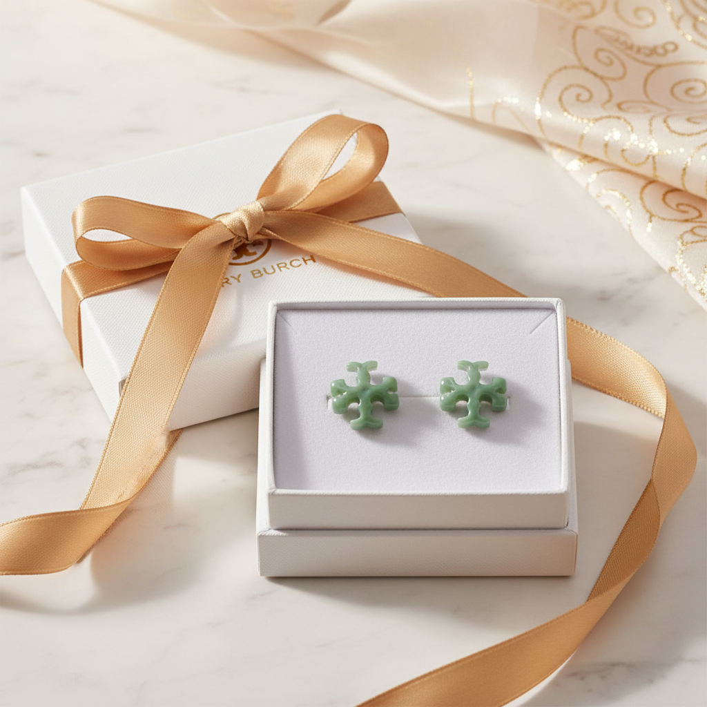 Tory Burch Roxanne Cross Stud Earrings Azure Green - Luxury Gift Box