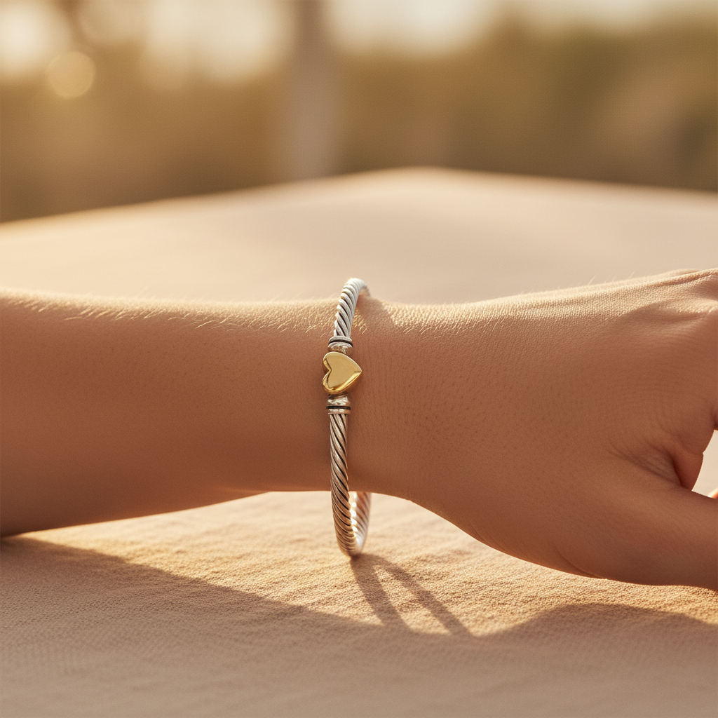 David Yurman Classic Cable Heart Station Bracelet close-up golden hour
