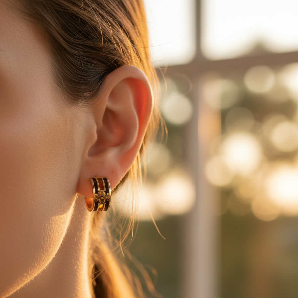 Tory Burch Icon Huggie Earrings - On-Ear Close-Up