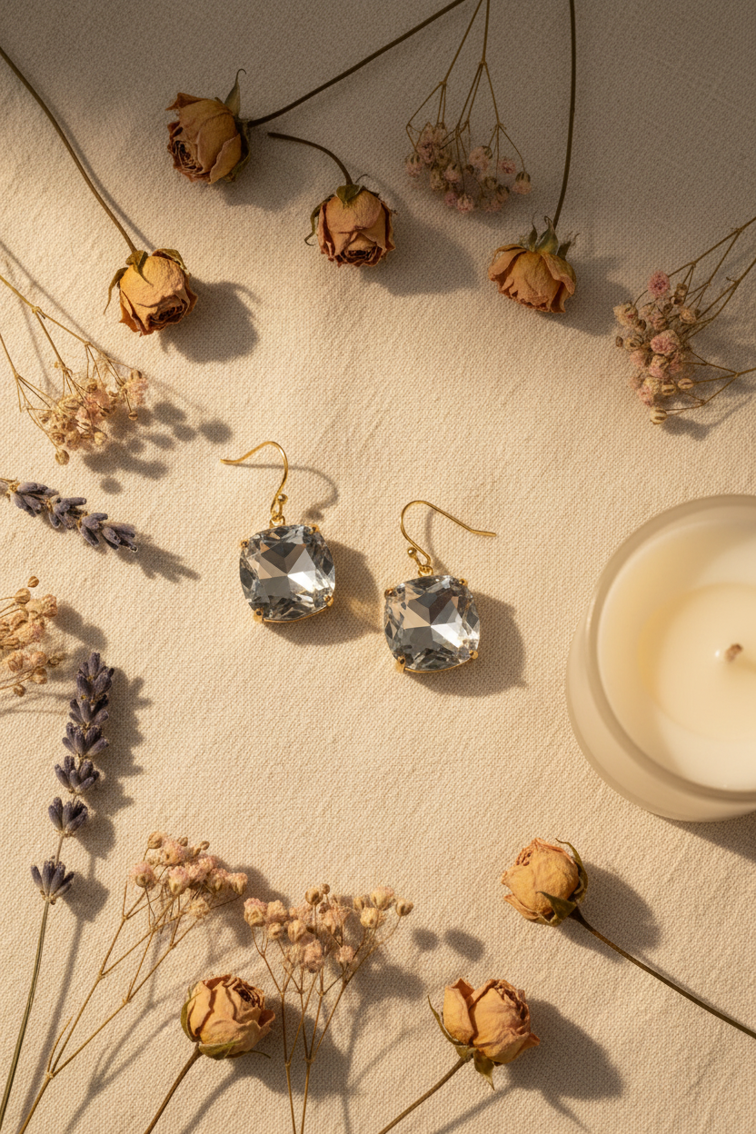 Tory Burch crystal drop earrings styled with flowers and candle