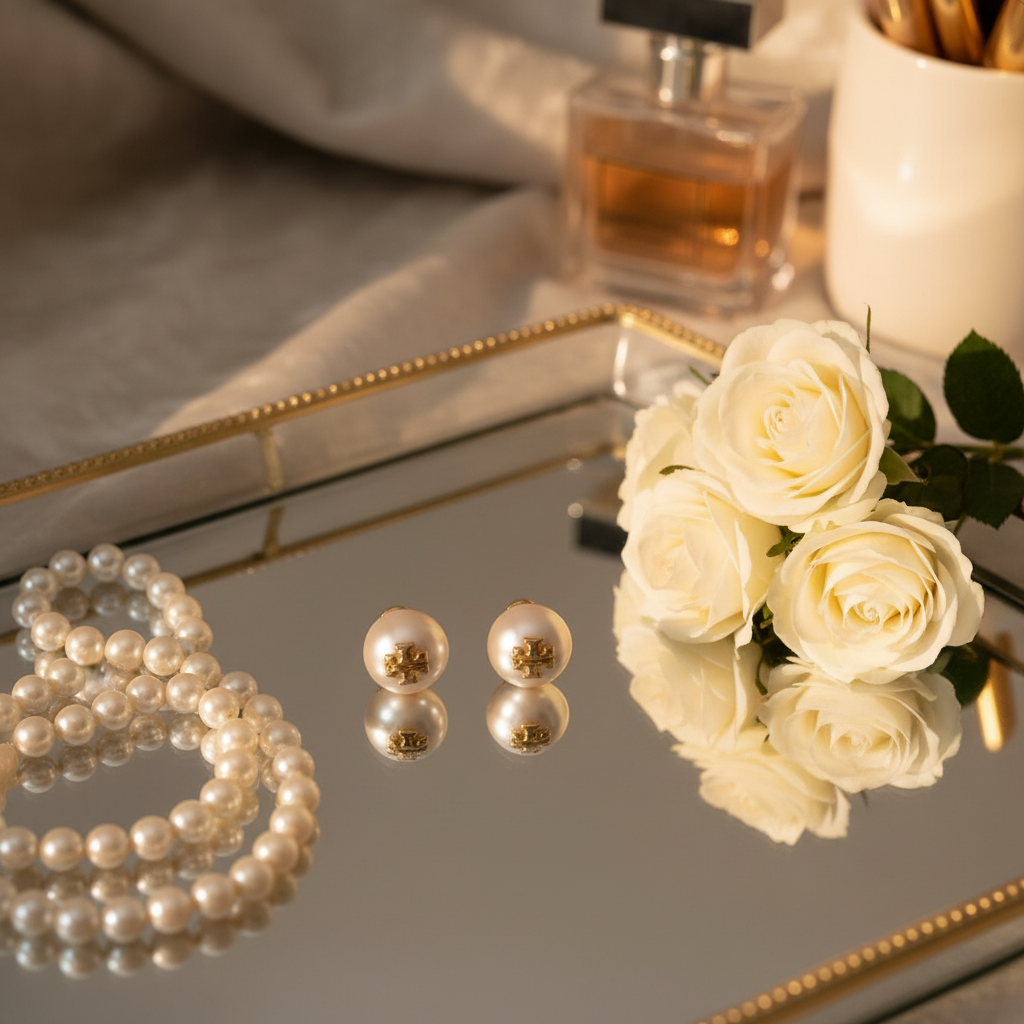 Tory Burch Kira White Pearl Stud Earrings vanity tray with pearl strand and white roses
