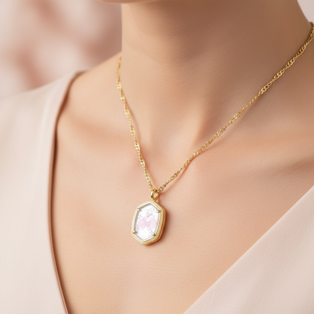 Kendra Scott x LoveShackFancy Daphne Gold Locket Necklace in Marie Pink Blooming Heirloom Illusion – close-up detail