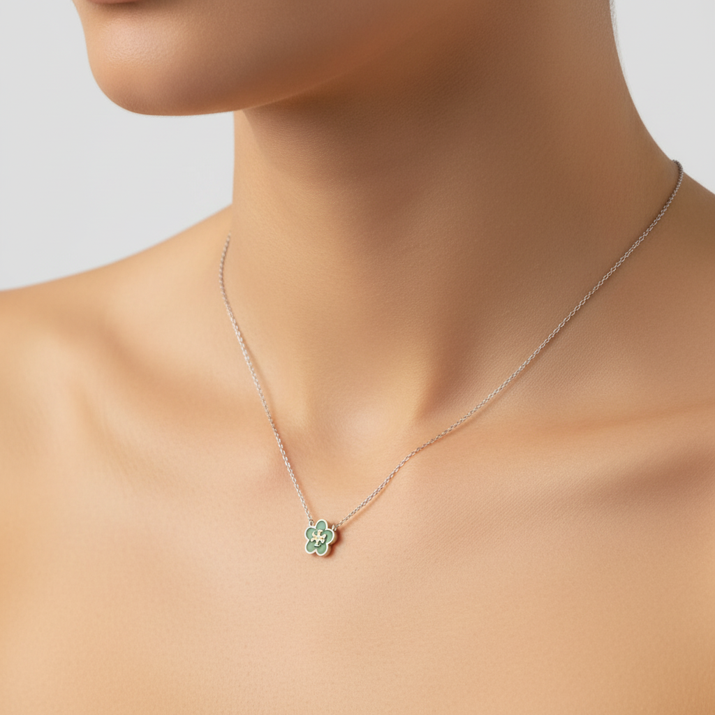 Tory Burch Forget Me Not necklace collarbone close-up