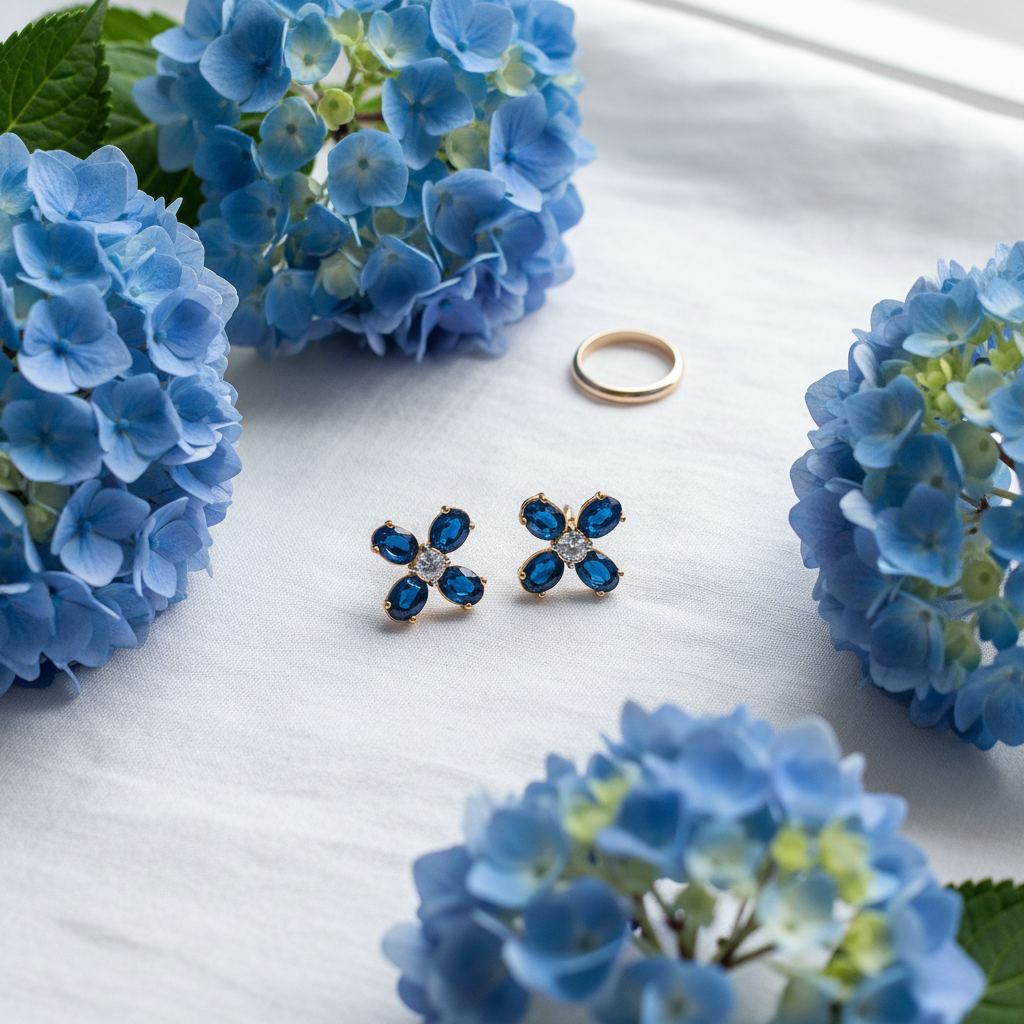 Tory Burch Buddy Clover Stud Earrings with Blue Crystal - white linen flat lay with hydrangeas