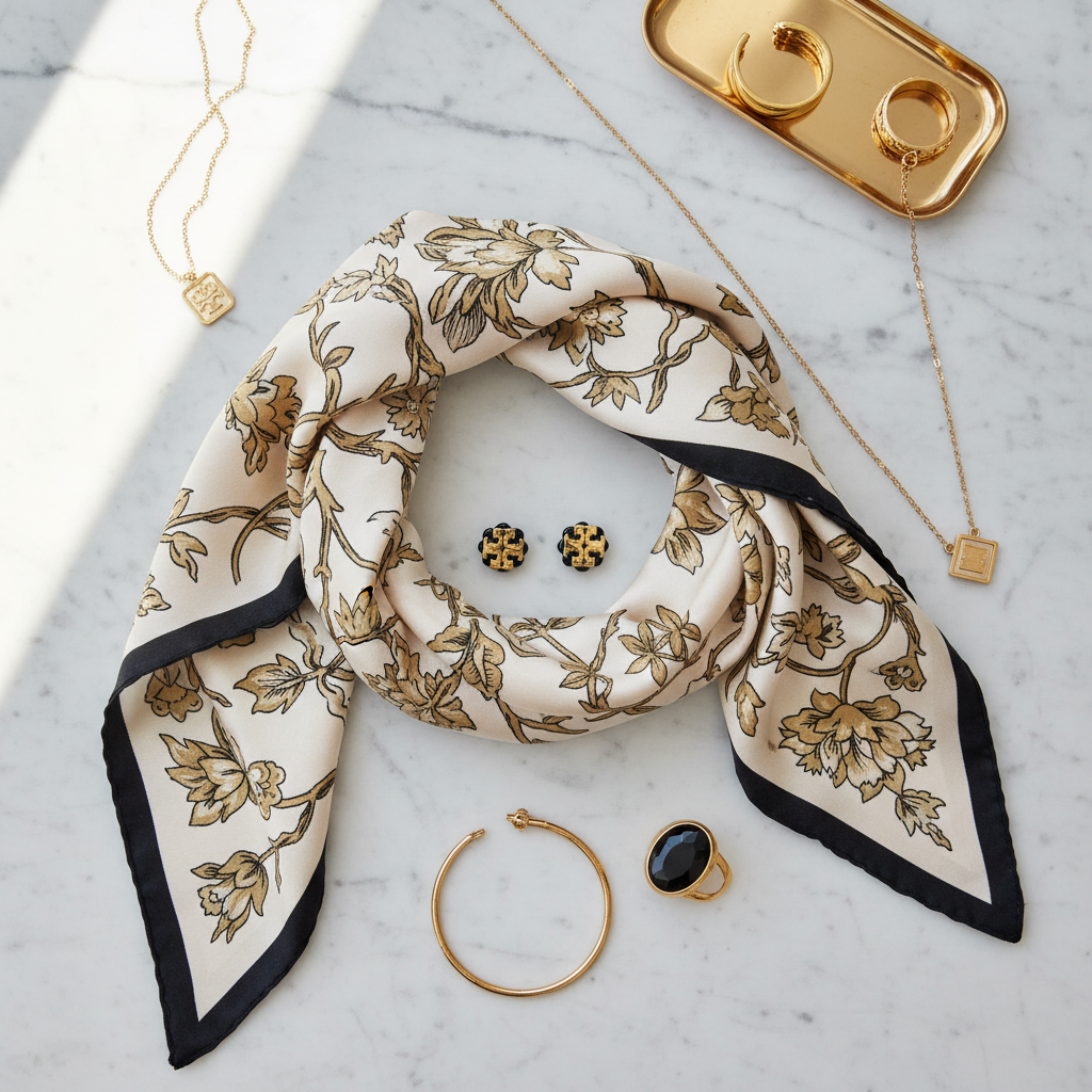 Tory Burch Logo Flower Resin Stud Earrings styled on marble surface with silk scarf