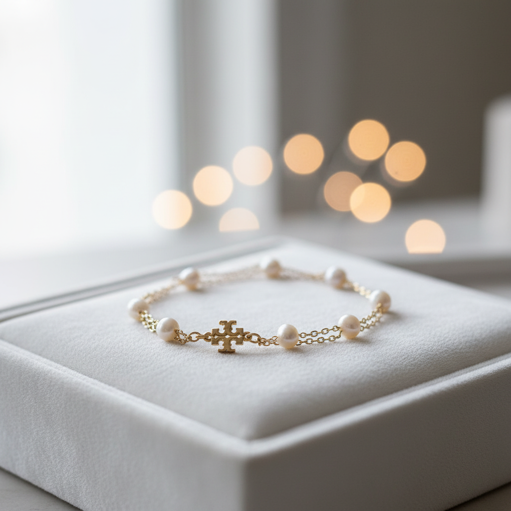 Tory Burch Kira Pearl Double Row Bracelet on velvet tray