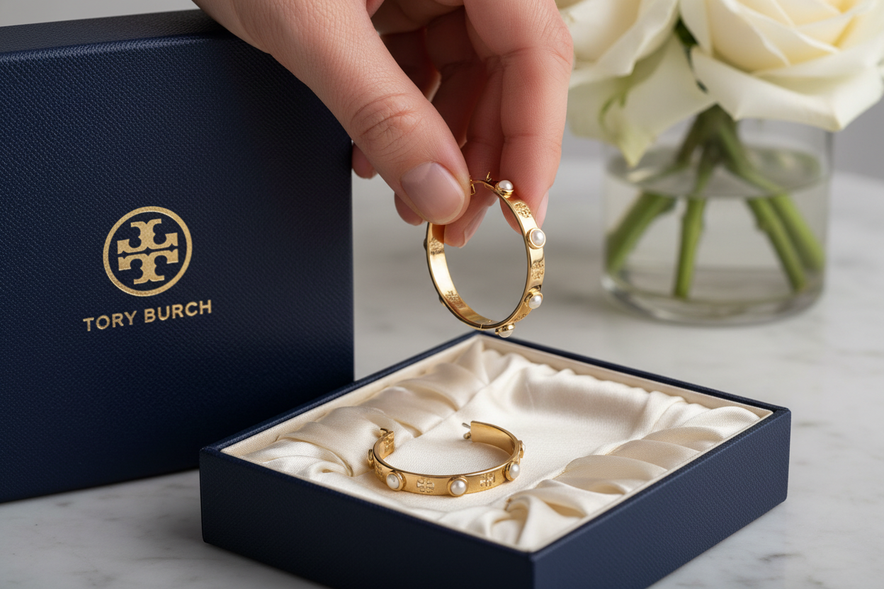 Tory Burch Miller Faux Pearl Hoop Earrings in luxury gift box