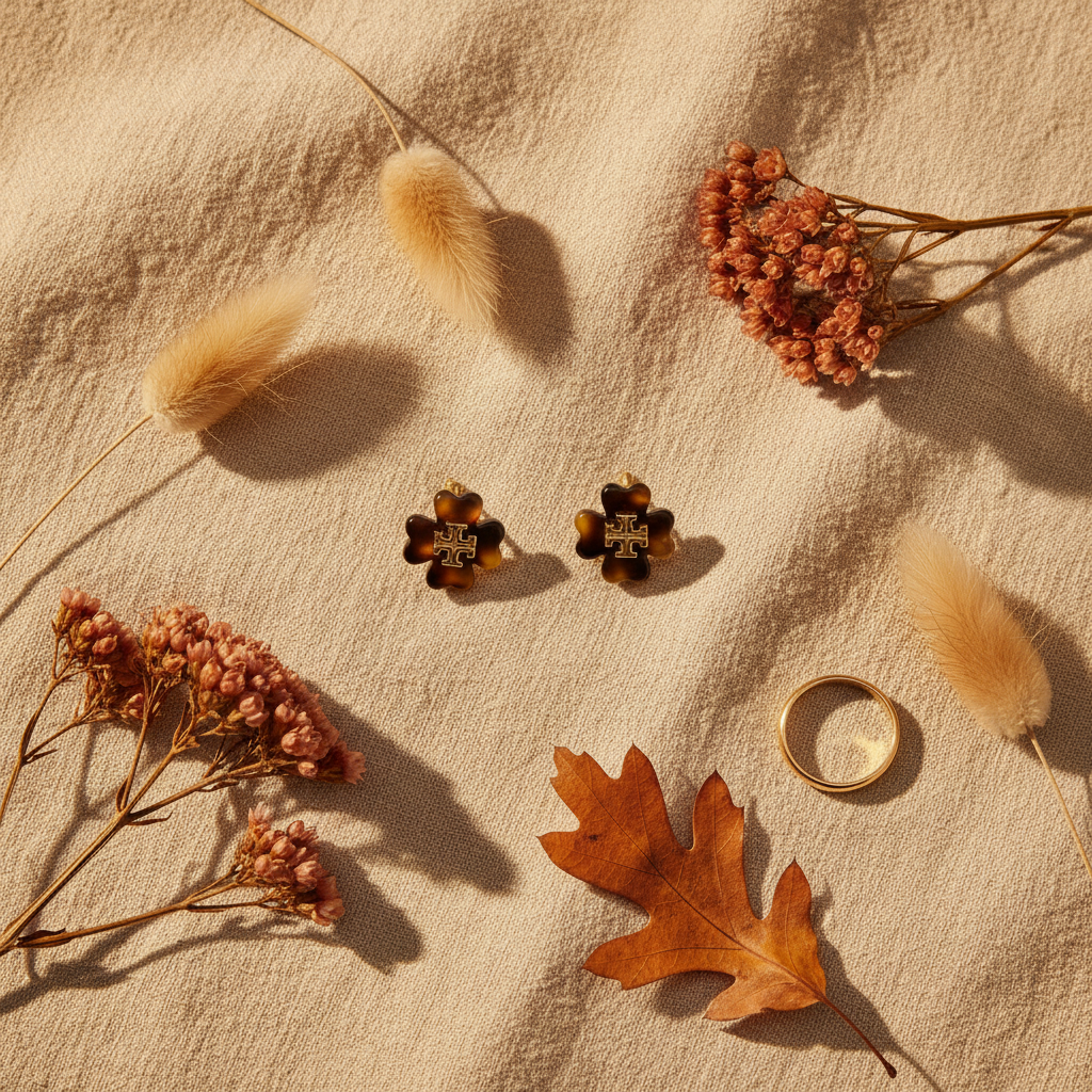 Tory Burch Kira Flower Stud Earrings in Tortoiseshell - beige linen autumn flat lay