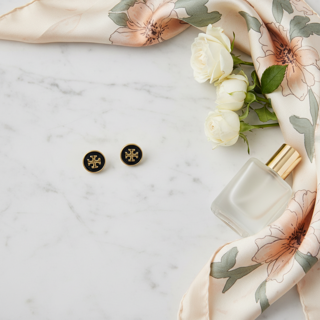 Tory Burch Kira Enamel Circle Stud Earrings - Lifestyle Flat Lay