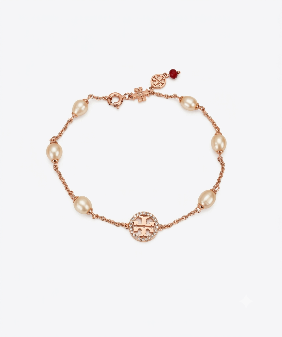 Tory Burch Miller Pavé and Cultured Pearl Bracelet in Rose Gold