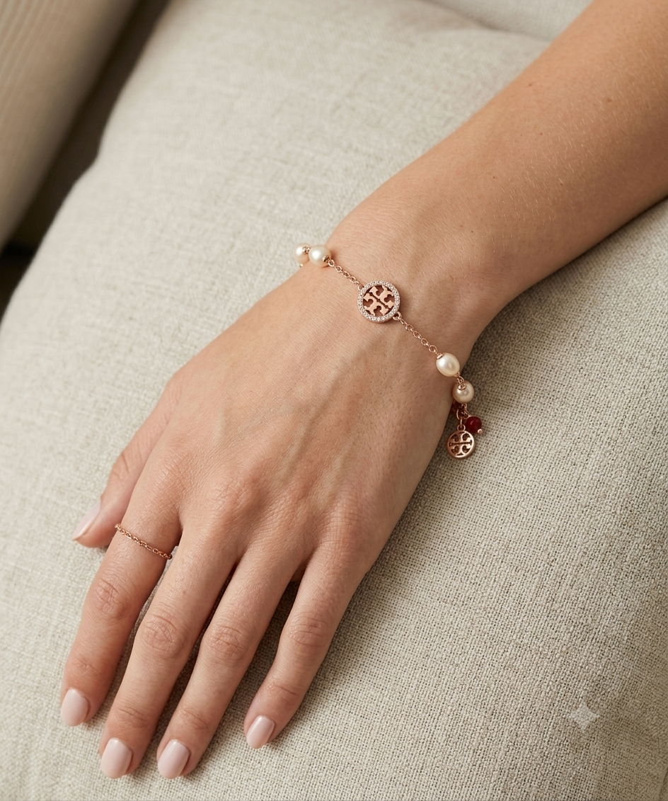 Tory Burch Miller Pavé and Cultured Pearl Bracelet in Rose Gold