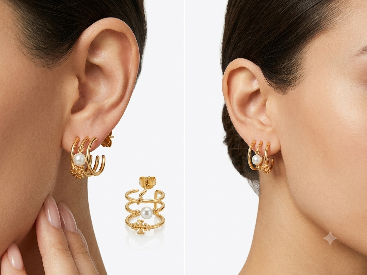 Tory Burch Kira Triple Hoop Earrings with Pearl, Heart & Logo Charms