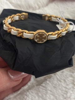 Tory Burch Marion Woven Chain Cuff Bracelet with White Leather Inlay