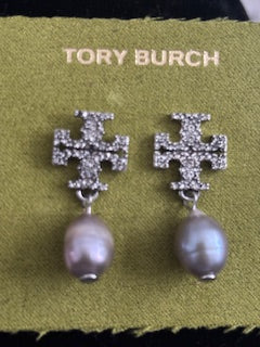 Tory Burch Kira Pavé Pearl Gray Drop Earrings