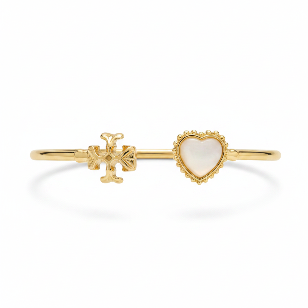 Gold Bow & Creamy White Heart Cuff Bangle