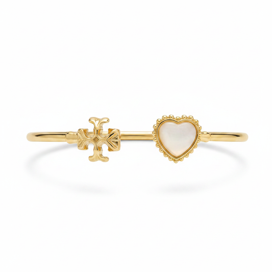 Gold Bow & Creamy White Heart Cuff Bangle