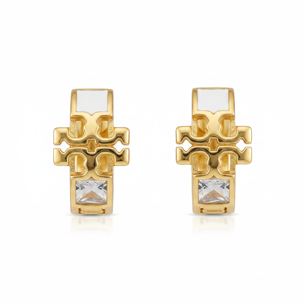Gold Logo Stud Earrings with Gemstone Drop - Clean White Background