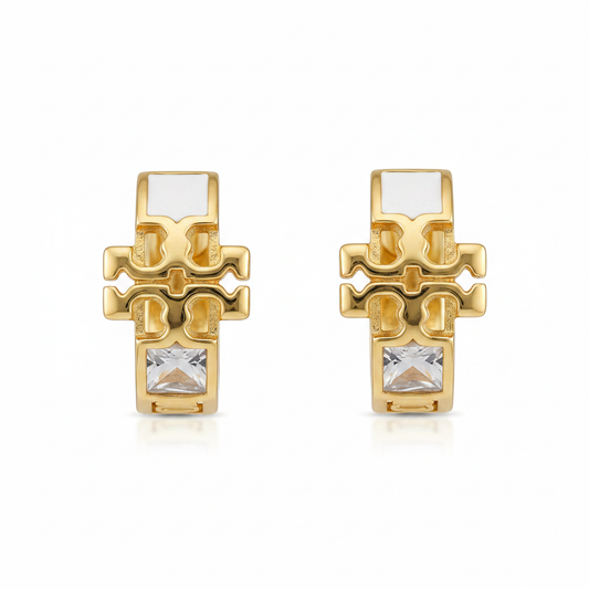 Gold Logo Stud Earrings with Gemstone Drop - Clean White Background