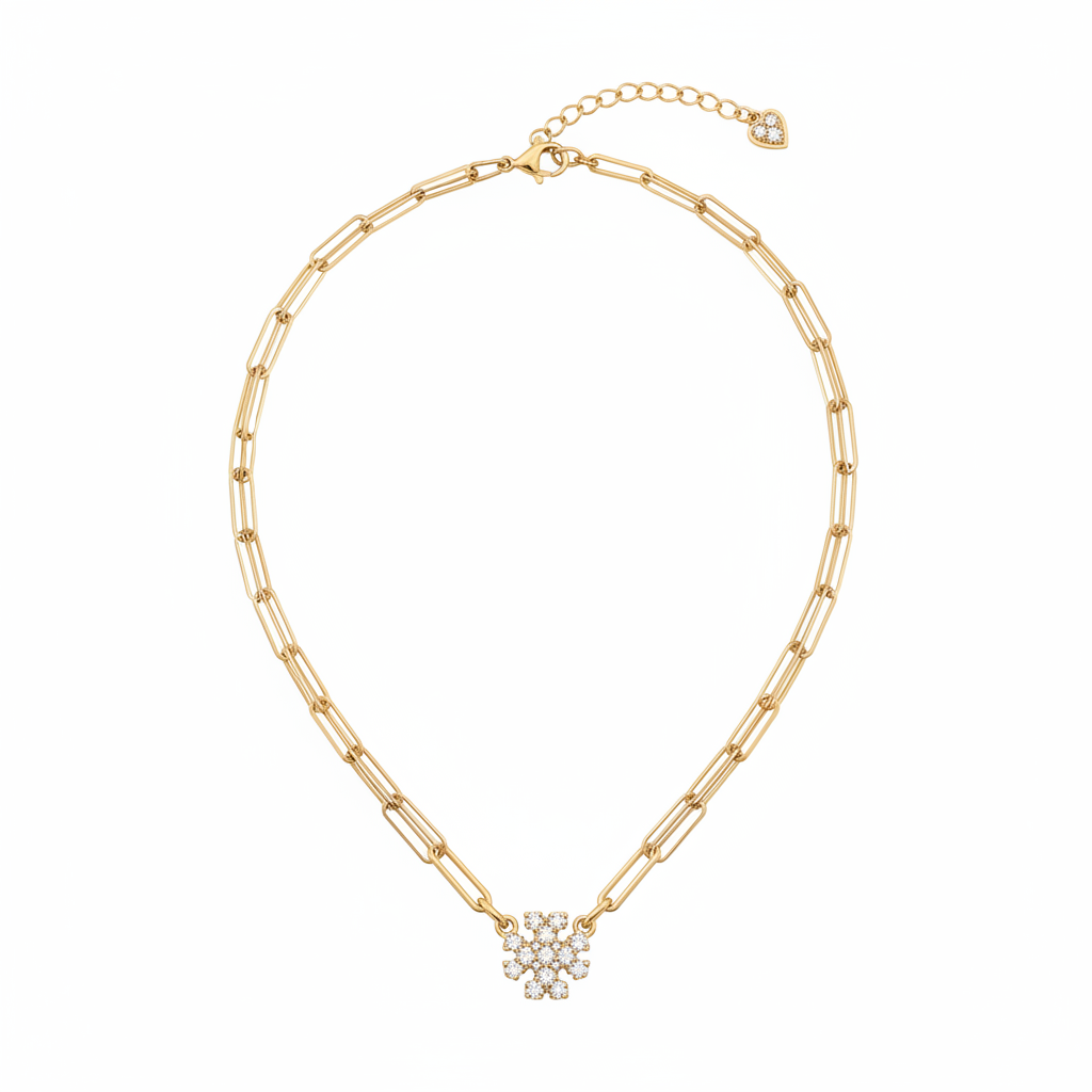 Gold Paperclip Chain with Pavé Flower & Heart Charm Necklace - Clean Shot