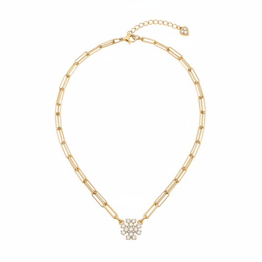 Gold Paperclip Chain with Pavé Flower & Heart Charm Necklace - Clean Shot