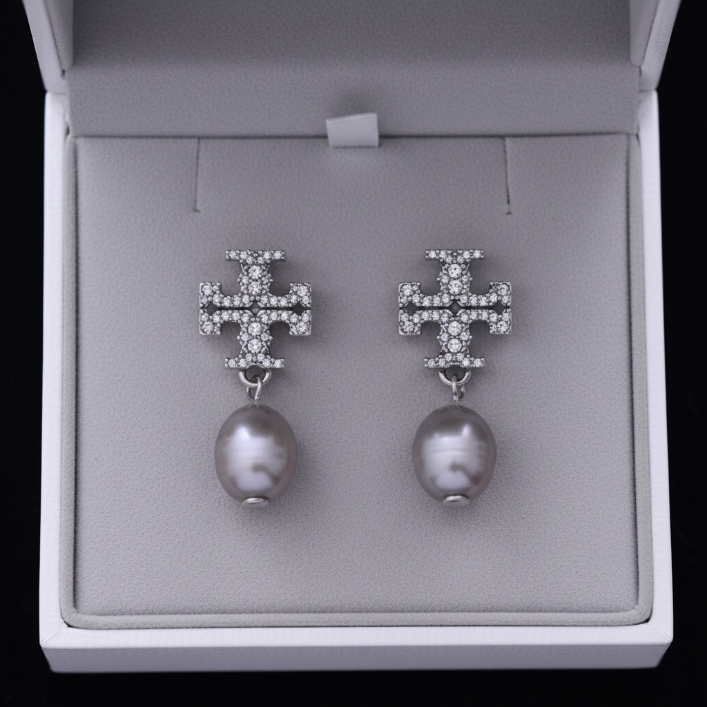 Tory Burch Kira Pavé Pearl gray drop earrings in luxury white gift box