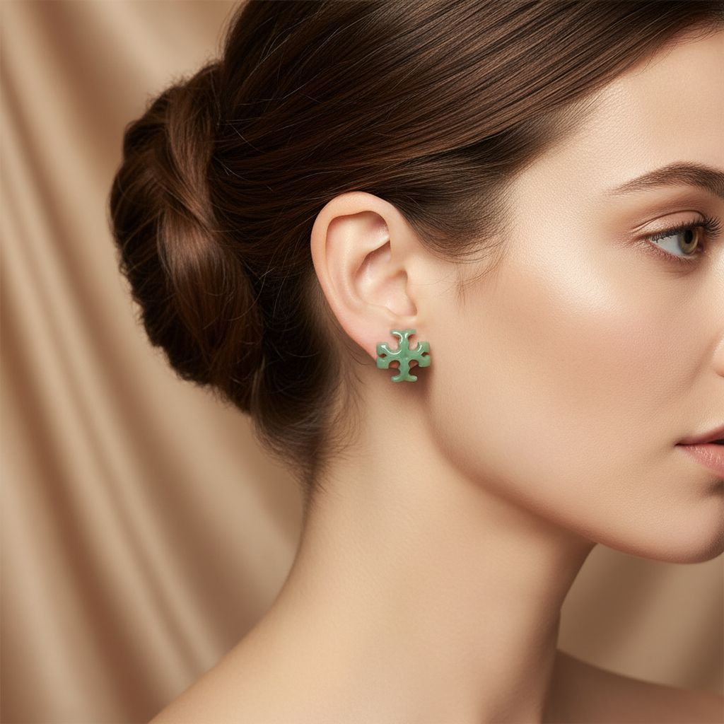 Tory Burch Roxanne Cross Stud Earrings Azure Green - Worn on Model