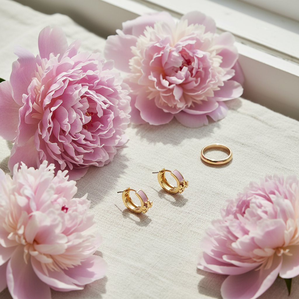 Tory Burch Kira Enamel Huggie Earrings in Gold/Mineral Pink - cream linen flat lay with peonies