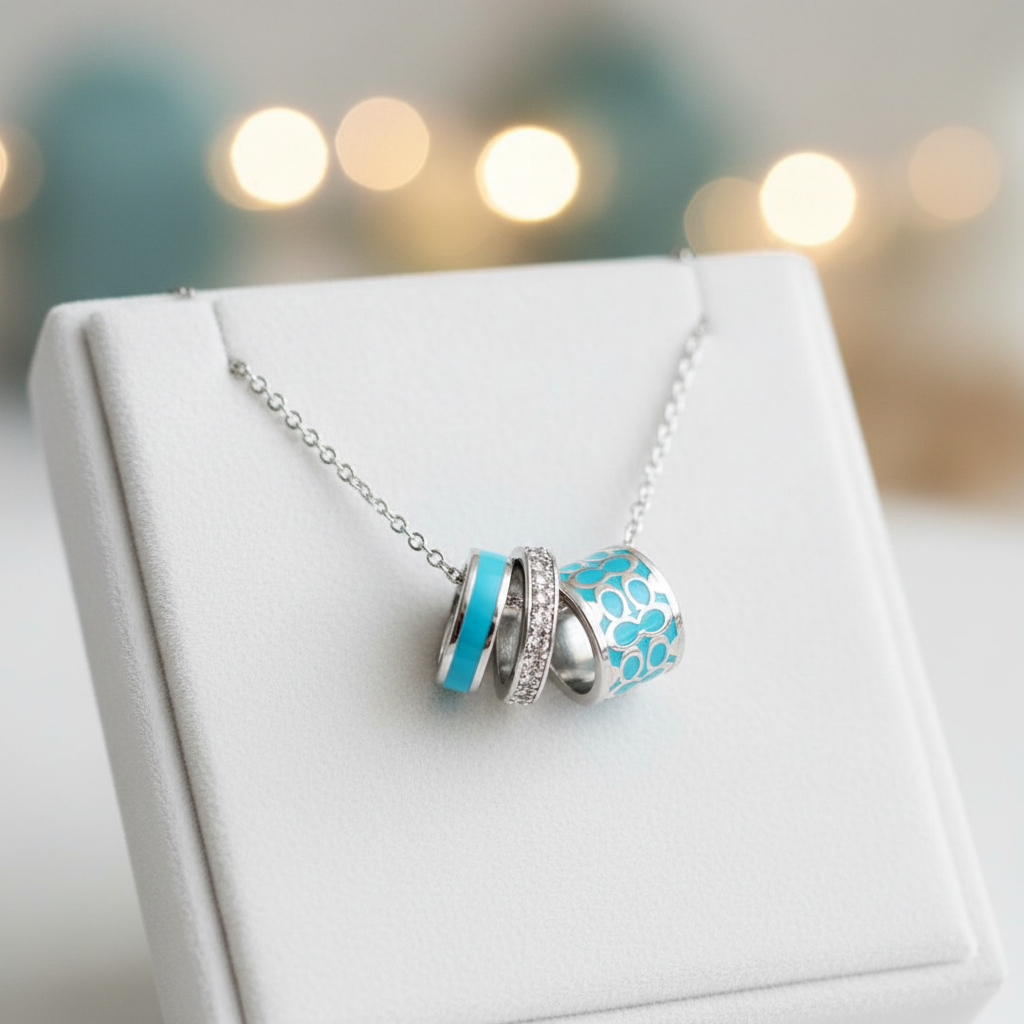 Coach Blue Enamel Necklace on velvet tray